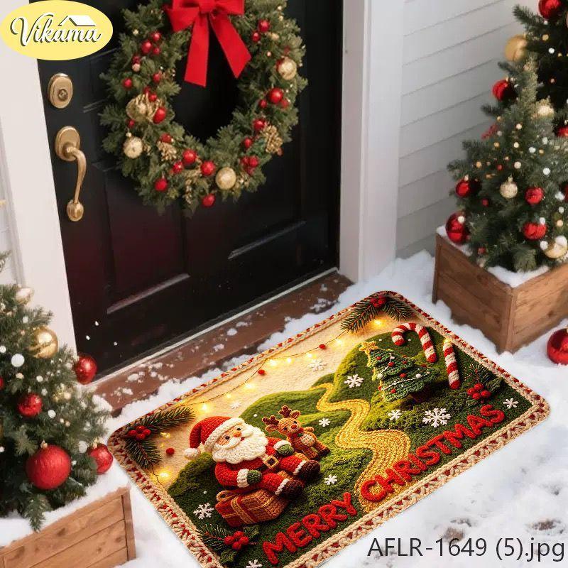 Merry Christmas Doormat, Woven-Style Santa and Reindeer Design, Non-Slip and Machine-Washable Entryway Rug, Home Decor
