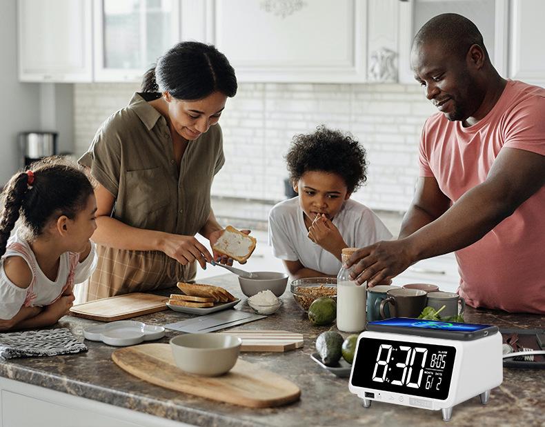 15W Wireless Fast Charging Alarm Clock with LCD Calendar & Desk Lamp