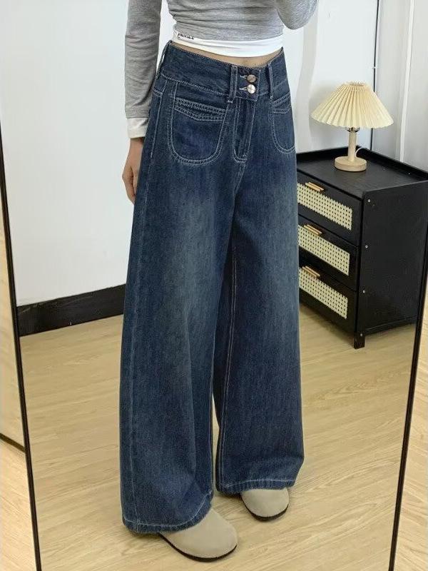 Women's Dark Blue High Waist Wide Leg Xintang Jeans - 2026 Slimming Plus Size Straight Pants