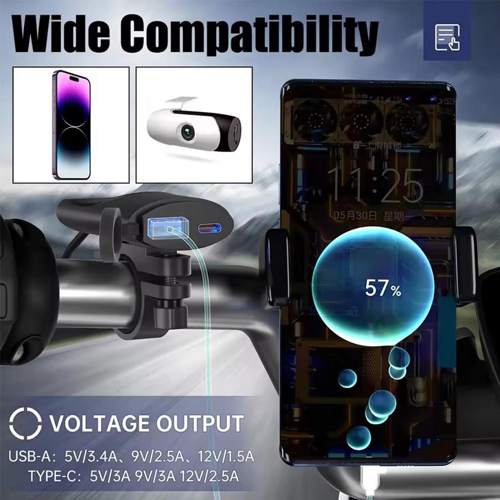 Motorcycle Phone Charger 30W USB-C +18W USB-A dual ports For motorcycle ATV tricycle Mounting Bracket Motorcycle Phone Char C1X8