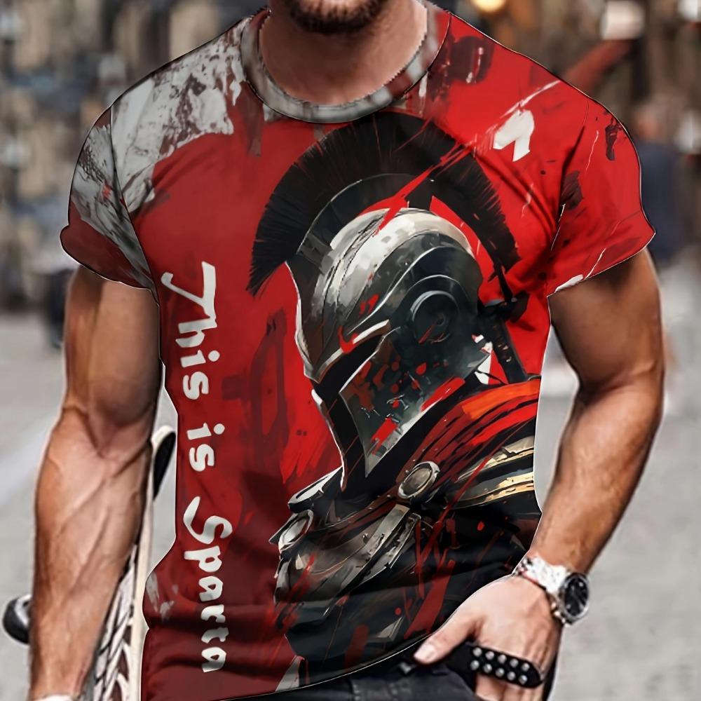 Men's 3D Spartan Knight Pattern T-shirt Outdoor Casual Micro Elastic Breathable T-shirt Summer Fashion Short Sleeve T-shirt Top