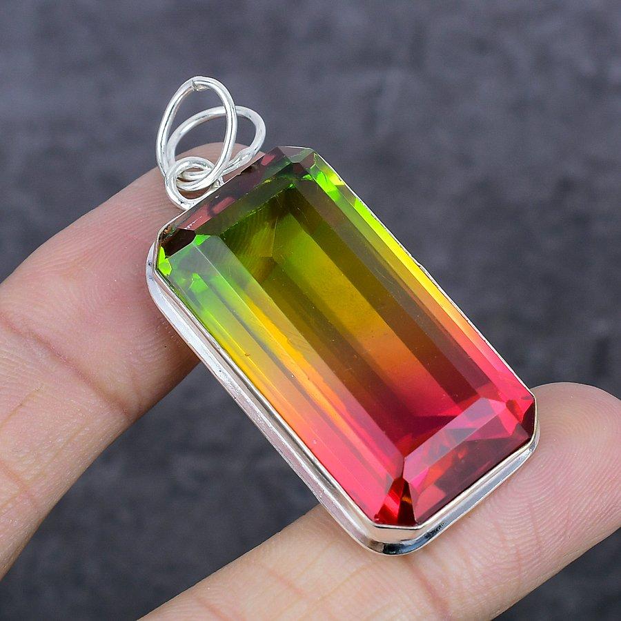 Bi-Color Tourmaline Gemstone 925 Sterling Silver Jewelry Pendant 2.13" U2L22