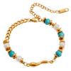Adjustable Teardrop Turquoise Beaded Wrist Chain Gold Tone Stainless Steel Imitation Pearls Bracelet For Everyday Wear