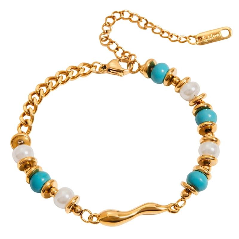 Adjustable Teardrop Turquoise Beaded Wrist Chain Gold Tone Stainless Steel Imitation Pearls Bracelet For Everyday Wear 1