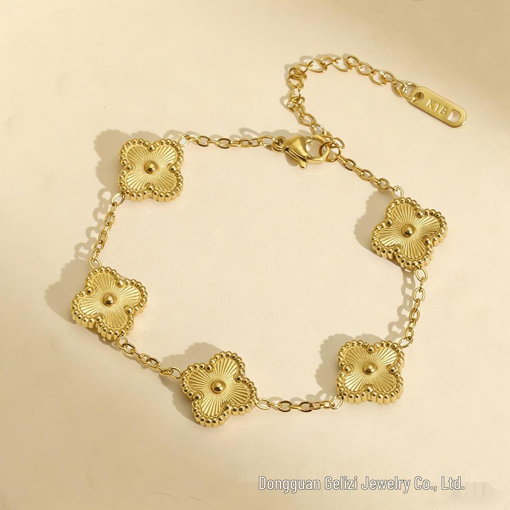 18K Engraved Stainless Steel Four-Leaf Clover Jewelry Set: Necklace, Bracelet, and Earrings