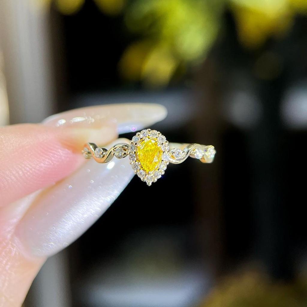 Silver Art S925 Sterling Silver Yellow Diamond Water Drop Geometric Luxury Ring for Women - Popular Cross-Border Stacking Finger Ring