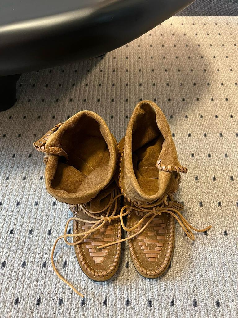 Cowhide Inner Heightening Retro Fringed Strap Western Boots Women's Genuine Leather Woven Medium Tube Stack Boots Ruffled Martin Boots