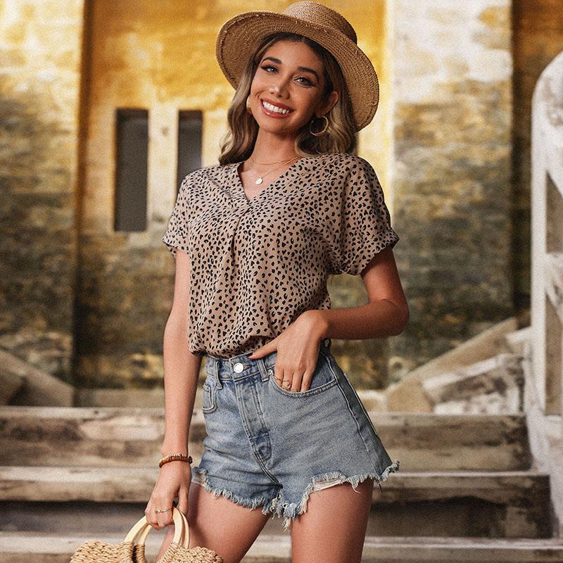 YYFS Women's Fashion Casual Leopard Print Short Sleeve V-Neck Blouses & Shirts T-shirts and Tops