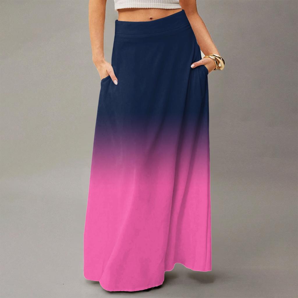 Damen Lässig Freizeit Faltbar Farbverlauf Druck Hohe Taille Mit Tasche Drapierter Entspannter Langer Maxi Rock