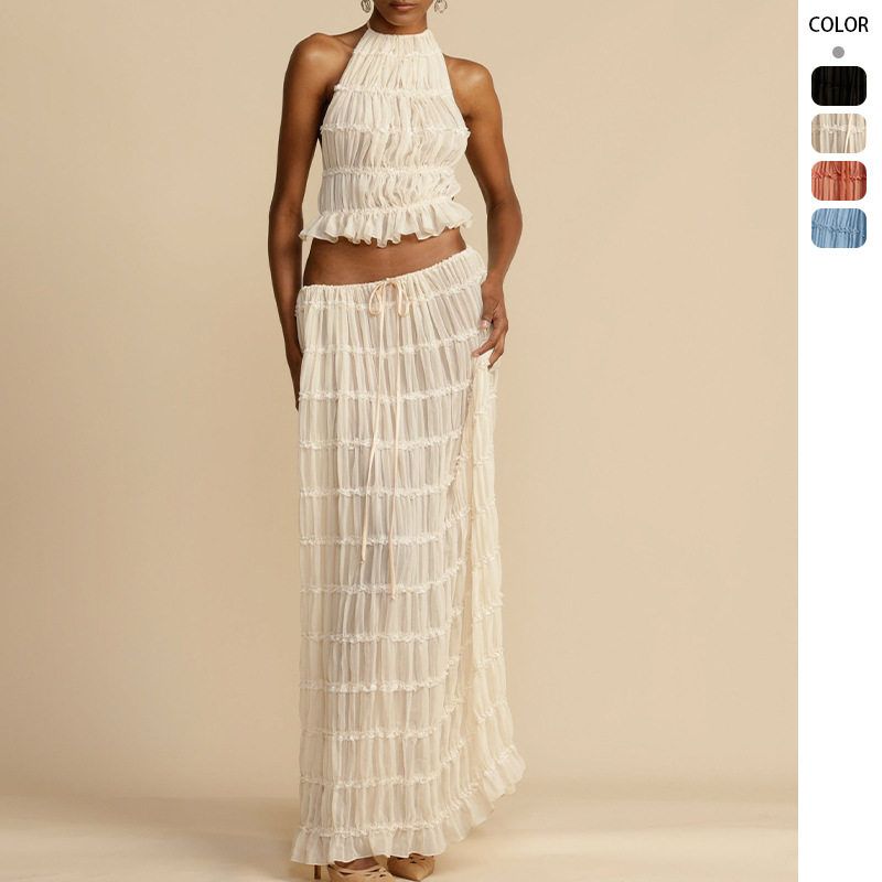 2025 Spring and Summer New European and American Fashion Sexy Backless Halter Neck Lace Vest Long Skirt Suit Beach Skirt