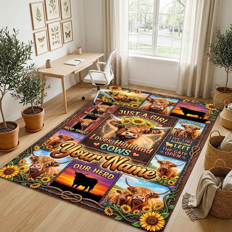 Cow Highland Theme Crystal Velvet Rug Personalized Custom Name Text Soft Floor Mat Home Decor