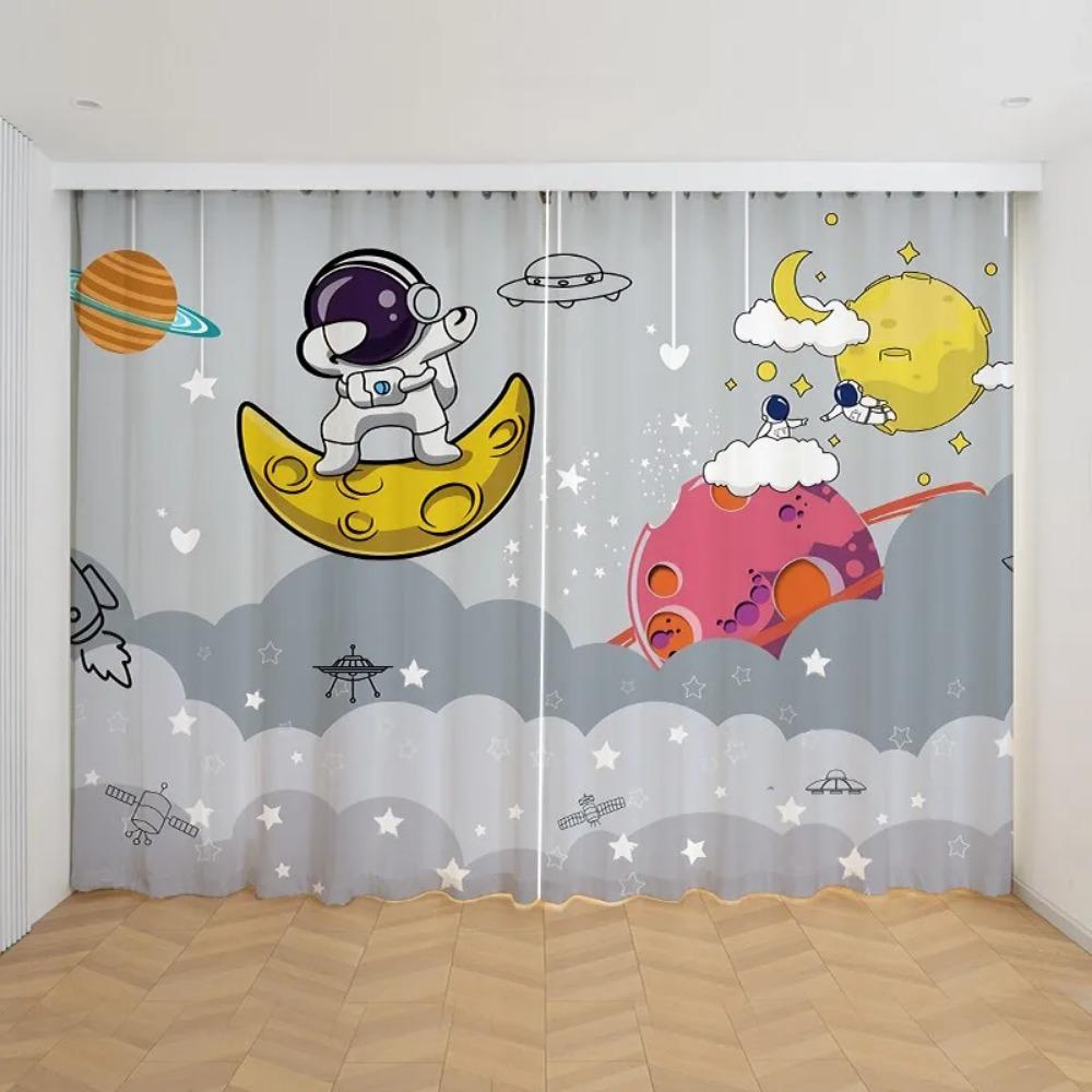 2pcs Cartoon Space Astronaut Curtain,Boys Kids Rocket Planet Thin Shading Curtain for Bedroom Living Room 2023 New Custom