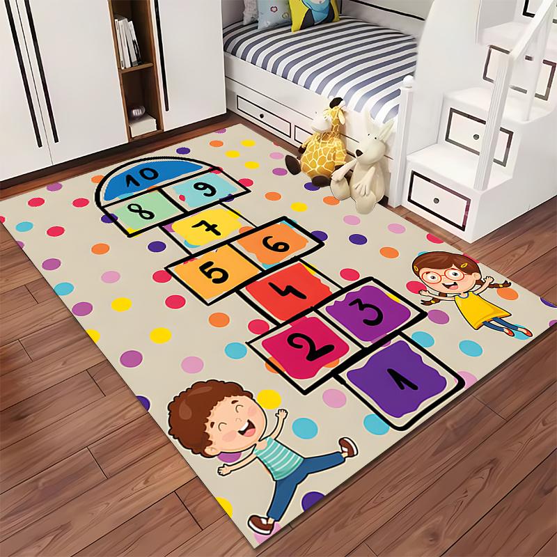 Colorful hopscotch rug with playful kids design. Non-slip rug suitable for living room and bedroom sofas.