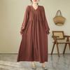 Johnature V-Neck Loose Solid Color Niche Splicing A-Line Dress Woman Spring Fashion Long Sleeves Chinese Style Dress