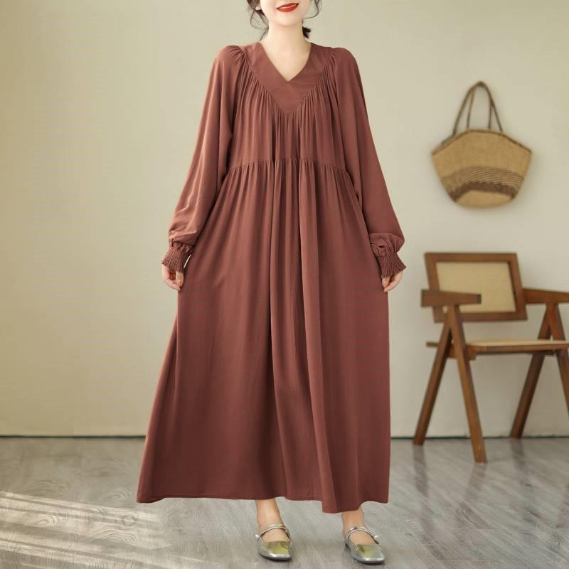 Johnature V-Neck Loose Solid Color Niche Splicing A-Line Dress Woman Spring Fashion Long Sleeves Chinese Style Dress