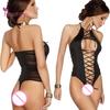 Bodysuit Mesh Cross Crotchless Sexy Fun Clothing Women Halter Lace Up Nightdress Sleepwear
