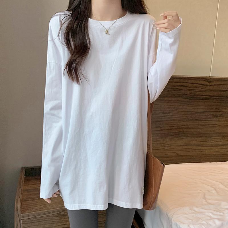 Design sense niche split fork foreign style bottoming shirt women's autumn pure cotton white inner long-sleeved t-shirt cover butt top