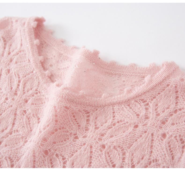 2026 Spring/Autumn Sequin Cashmere Round Neck Knitwear: Women's Long Sleeve Crochet Loose Top