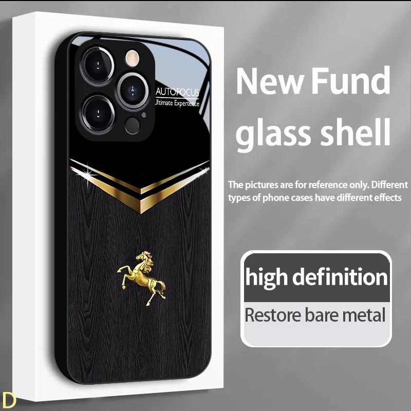 Black Gold Horse Pattern Tempered Glass Black Phone Case For iPhone 17 16 15 14 13 12 11 Pro Max 17 Air 7 8 Plus XR XS X Cover