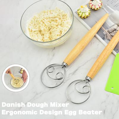 Danish Dough Whisk with Oak Handle Stainless Steel Flour Mixer Eggs Cream Mixing Rods Flour Cake Stirrer Kitchen Baking Tools