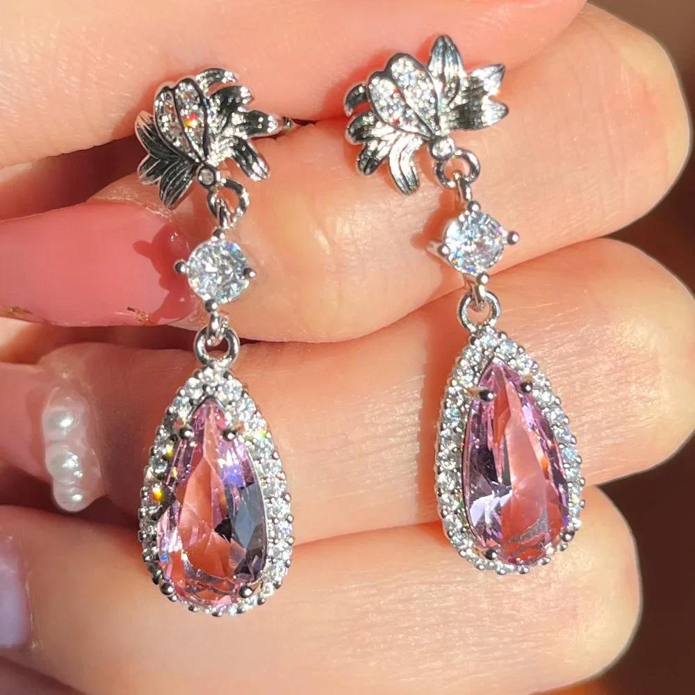 Elegant Light Luxury Pink Zircon Earrings for Women High-End Temperament Trendy Zircon Accessory