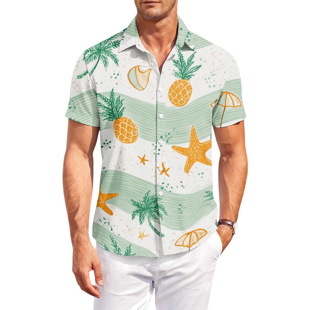 Men Short Sleeve Button Down Shirt Hawaiian Floral Print Collared Casual Outdoor Relaxed Fit Lightweight Top