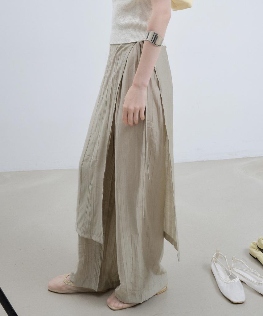 Nigaennikol Wrinkle Layered Wrap Skirt Pants_Khaki