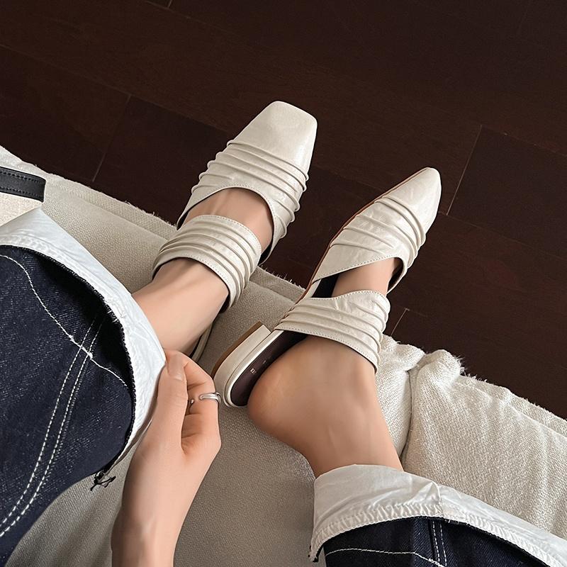 Fashion 2025 Summer New Genuine Leather Low Heels Slippers Women Square Toe Natural Leather Casual Slippers Female Daily Walk Slippers