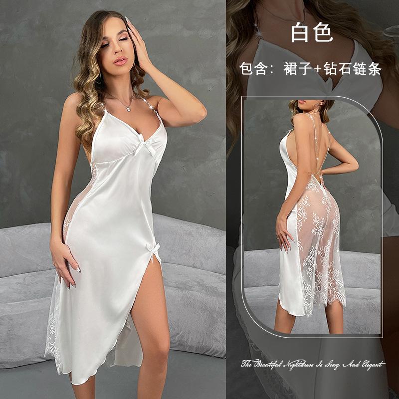 Women's satin backless sexy suspender nightdress high split lace perspective loungewear 811