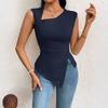 Ladies' Summer Elegant Fashion T-shirt Slant Neck Short Solid Color Top