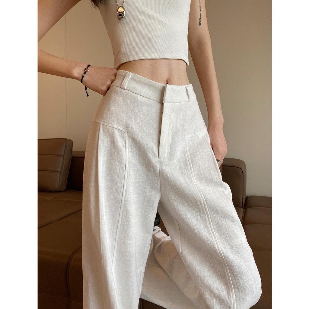 Women's High-Waisted Wide-Leg Linen Pants - White Summer Drape Style