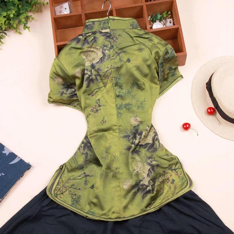 Blusa Elegante de Satén para Mujer Estampado de Flores Camisa Cheongsam Estilo Chino Tradicional Ropa Tang Disfraz de Verano Otoño
