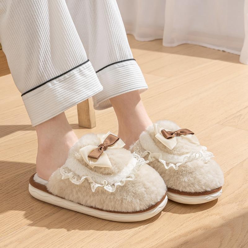 Bow cotton slippers women's winter new couple cute home plush warm fluffy slippers