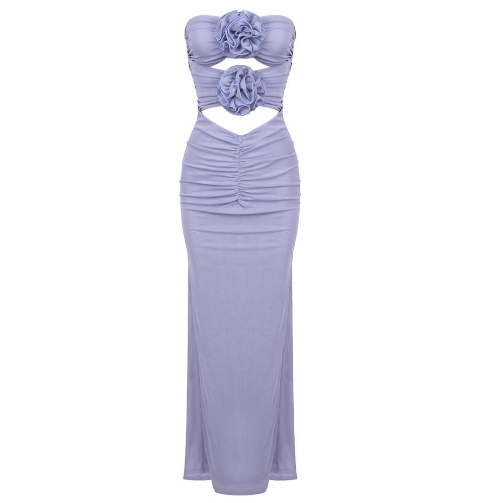 

Purple Floral Strapless Mesh Bodycon Dress – Sexy, Waist-Cinching, Party Wear Medium