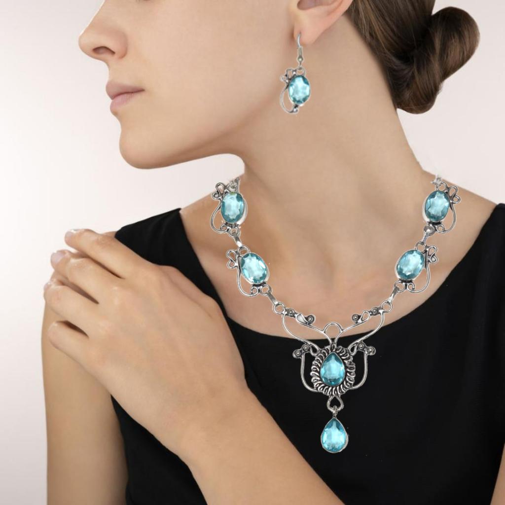 Swiss Blue Quartz Gemstone Handmade Jewelry Necklace & Earrings 18-20''