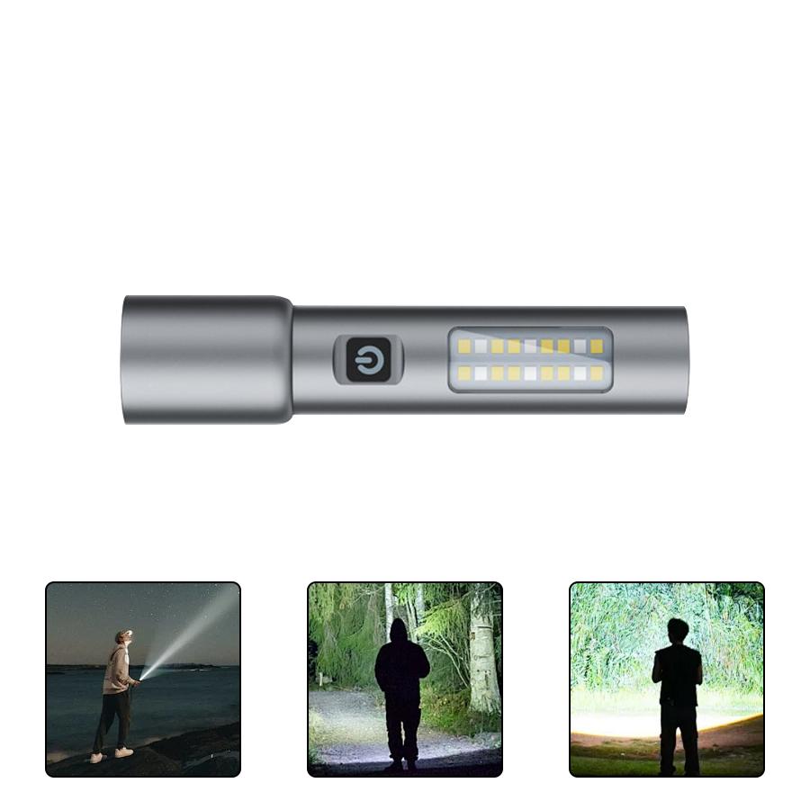 High Power Spotlight Long LED Flashlight with COB Side Light Aluminum Alloy Type-C Zoomable Ultra Bright Emergency Torch