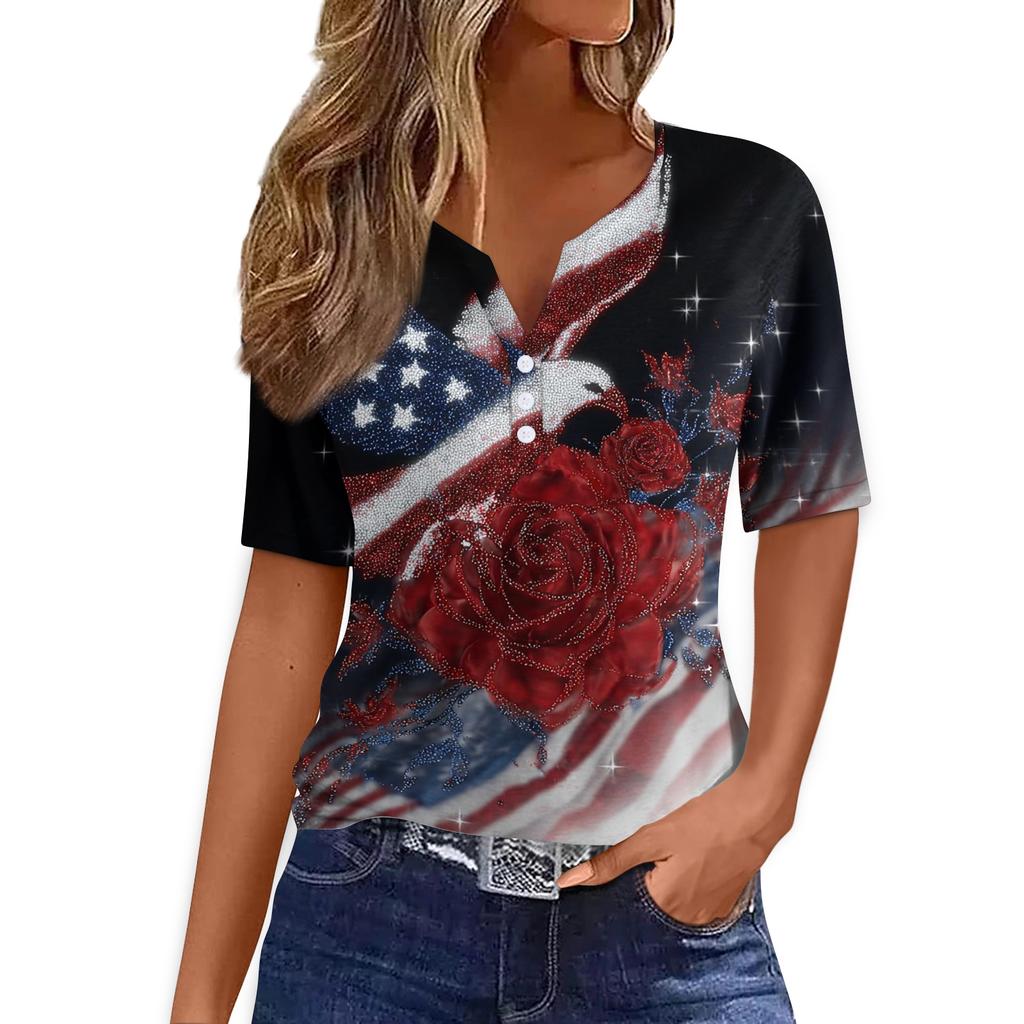 Women's T Shirt Tee Print Button Short Sleeve Daily Weekend Fashion Basic V- Neck Regular Top