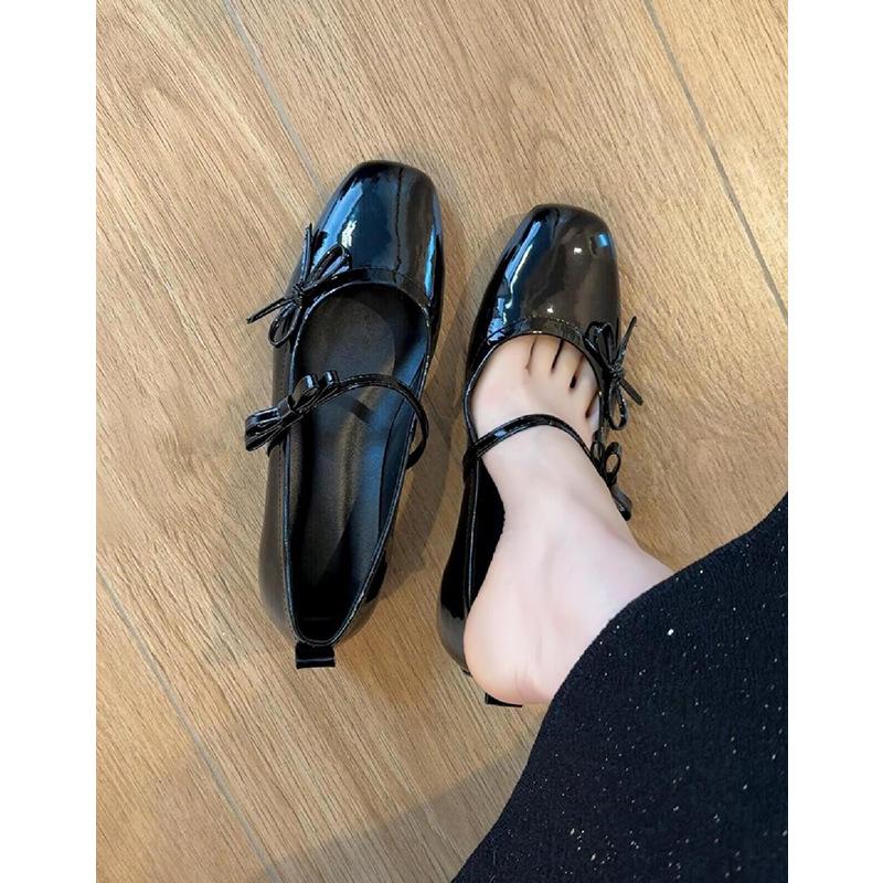 Sheepskin version~ genuine leather French retro flat-bottomed bow light mouth single shoes women's new silver Mary Jane evening shoes