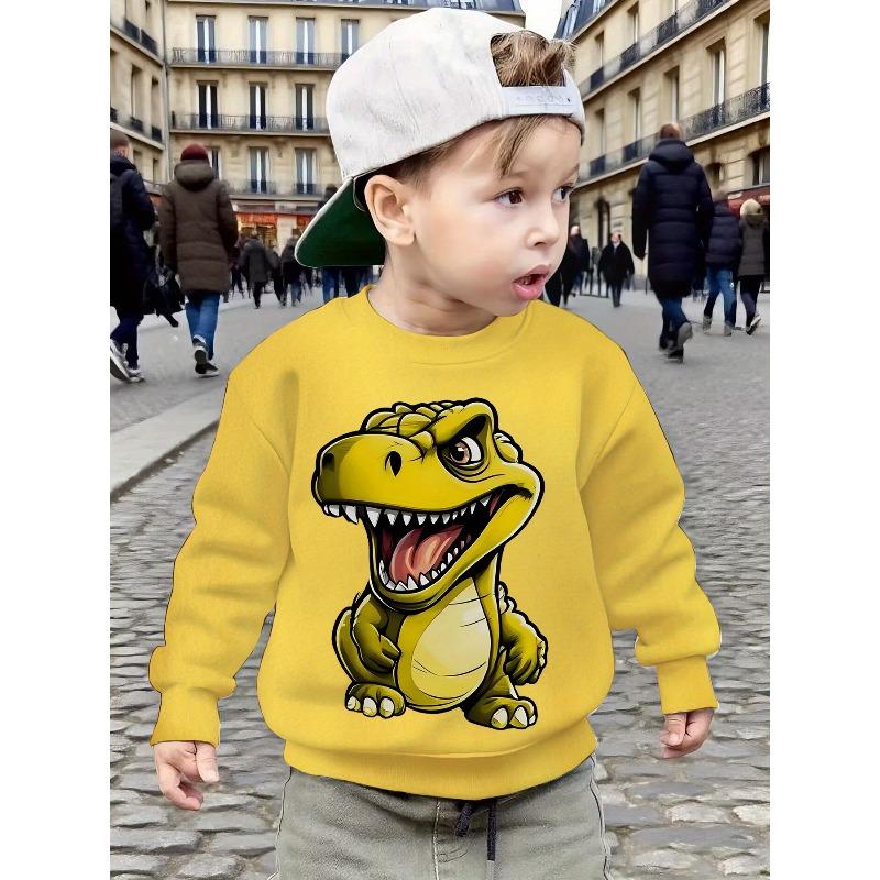 Autumn/Winter Children's Trendy Sweatshirt with Fun Cartoon Dinosaur Print, O-Neck Long Sleeve Pullover for Boys
