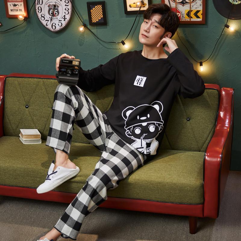 Spring Cotton Men's Pijamas Set Plus Home Clothes Male Nightwear 2Pcs/Set Casual Loungewear Long Sleep Top & Pant