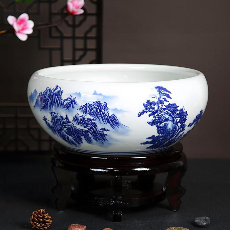 Blue & White Landscape Bonsai & Lotus Ceramic Pot