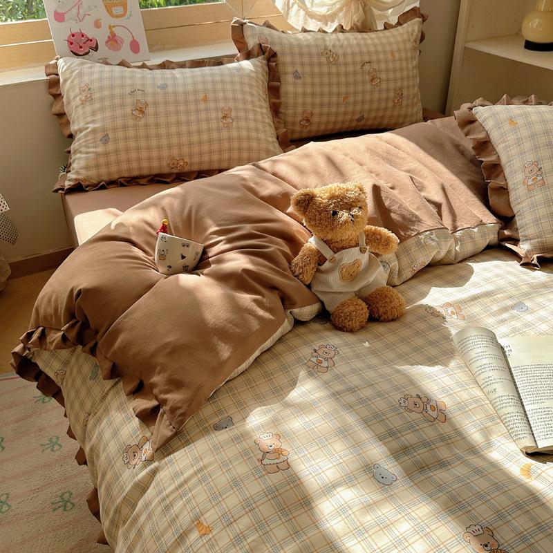 Knitted cotton double-layer yarn bed four-piece set of small floral quilt cover washed cotton student dormitory skin-friendly soft waxy three-piece
