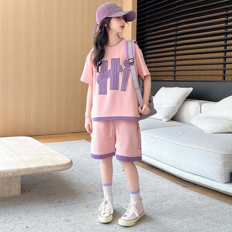 Girls T-Shirts Sets Summer   Kids Short Sleeve Tops+Shorts 2Pcs Children Clothes Teen Loose Casual Suits Letter Print Outfits