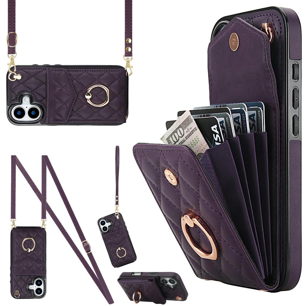 For iPhone 17 Case RFID Blocking Card Bag Leather + TPU Crossbody Phone Cover with Ring Kickstand