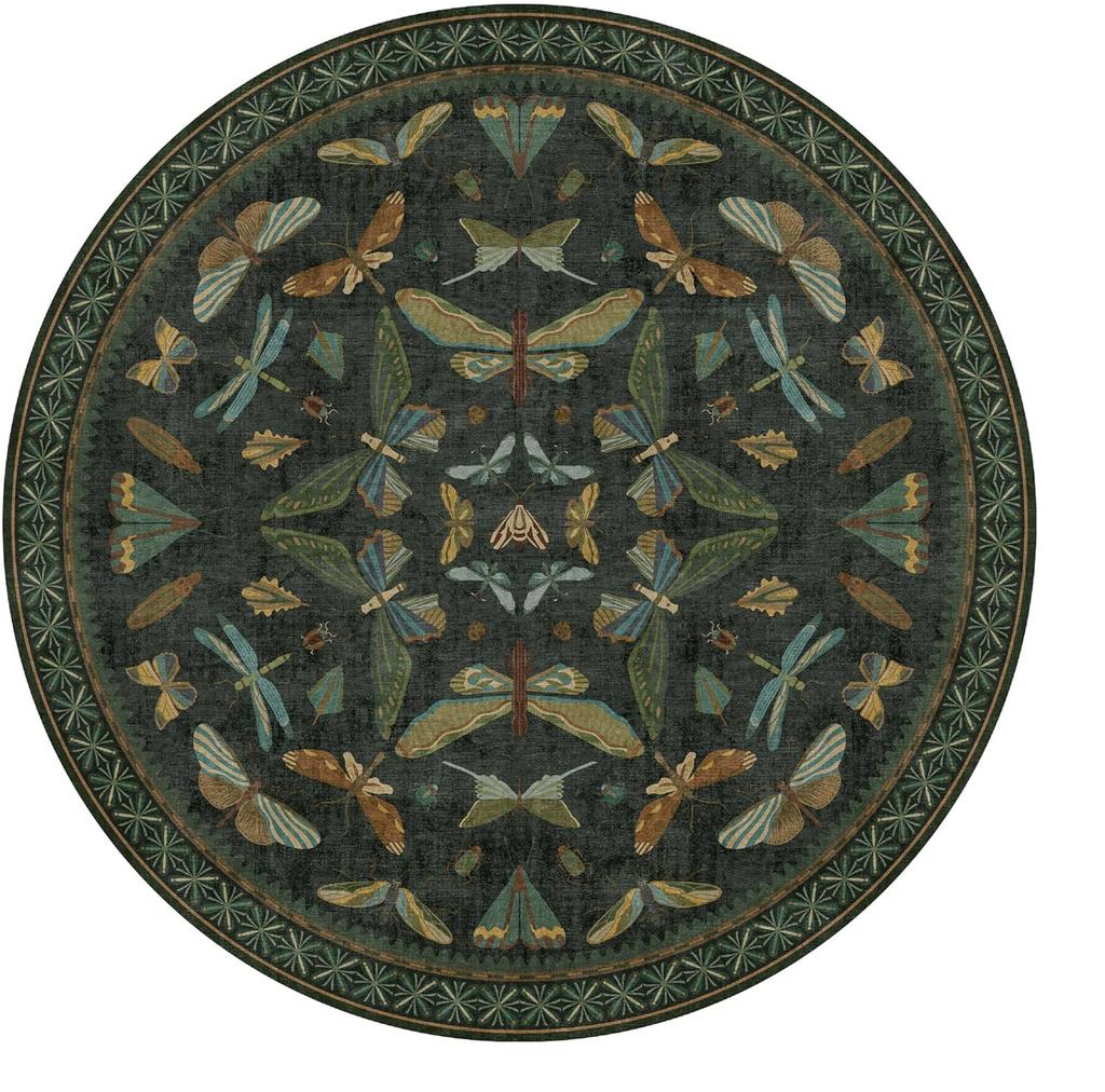 Vintage Insect Print Round Rug Butterfly Moth Dragonfly Pattern Black Non-Slip Carpet Home Decor Mat for Living Room Bedroom