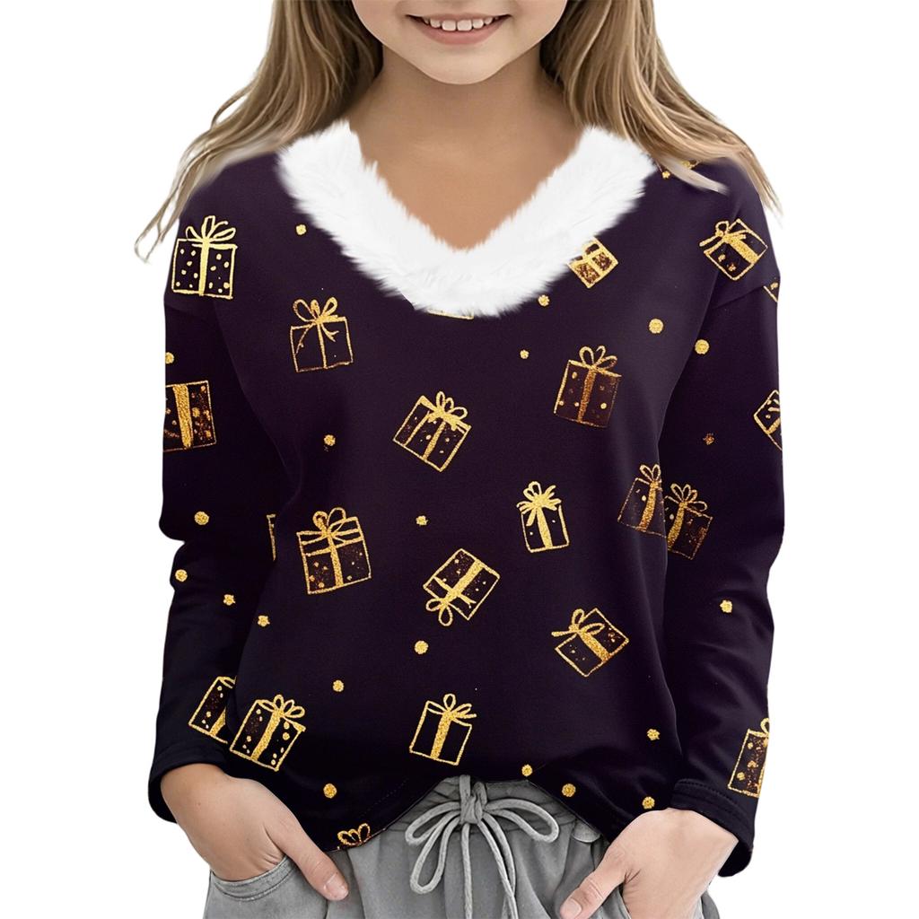 Christmas Day Girls Long Sleeve T Shirts Kids  Girls' V-Neck Tee Christmas Print Long Sleeve Top