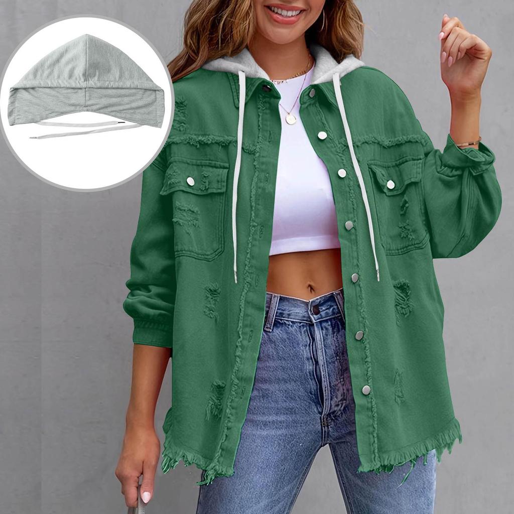 Jaqueta Jeans com Capuz Rasgada Cor Sólida Feminina Cross2026 - Corte Amplo, Manga Longa