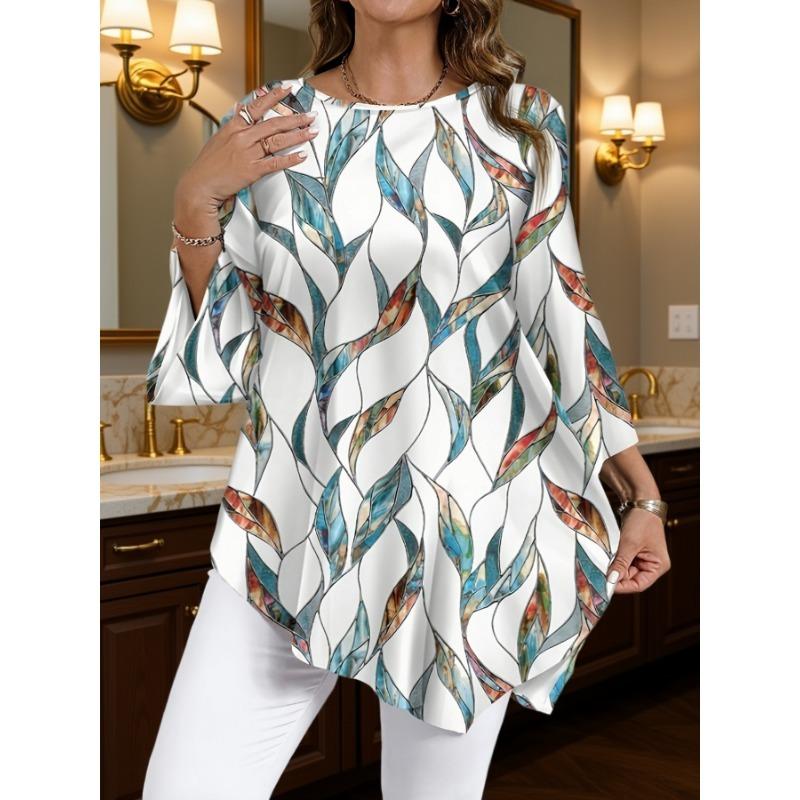 Elegant Plus Size Women's Top, Casual Full-Pattern Asymmetrical Hem, Beautiful