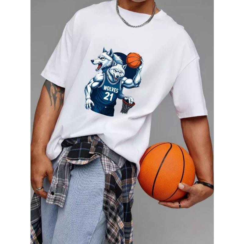 White T-Shirt Wolves Basketball Team 21 Number Graphic Print for Sports Fans Casual Wear