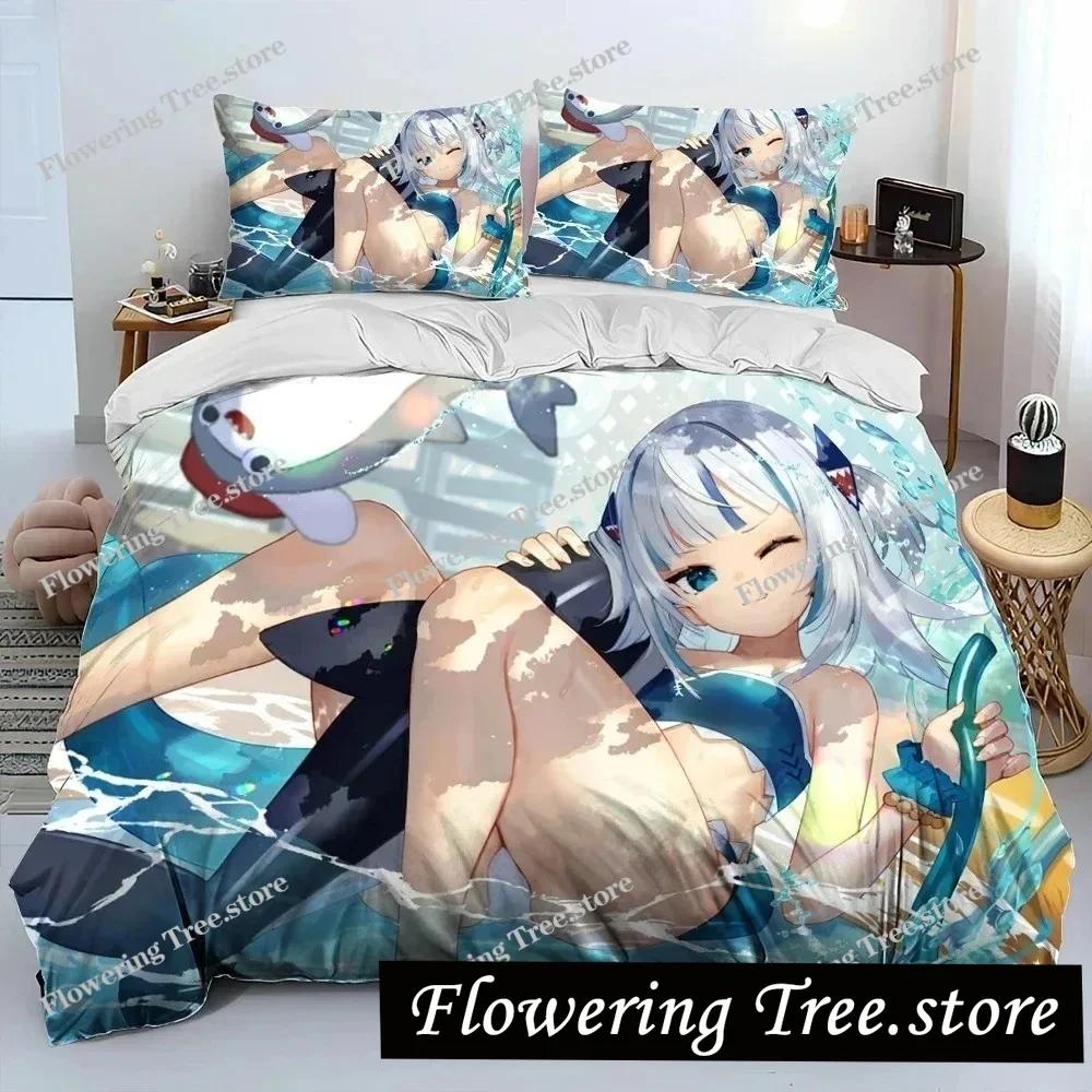Cute Gawr Gura Hololive Anime Shark Comforter Bedding Set,Duvet Cover Bed Set Quilt Cover Pillowcase,king Queen Size Bedding New